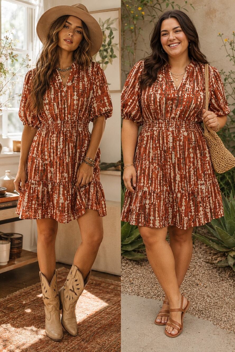 THML Rust & Cream Abstract Print Smocked Waist Dress – Size Large‎